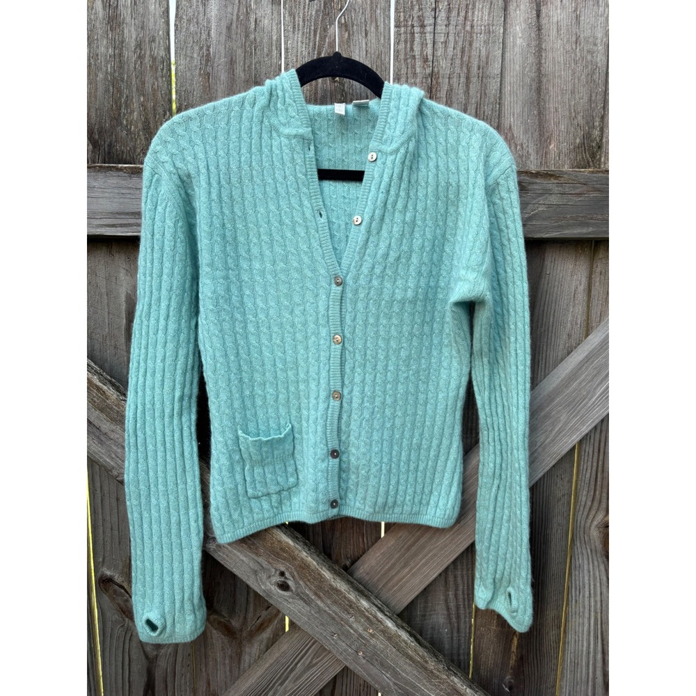 Vintage f.a.i. 100% Cashmere Cable Knit Hooded Cardigan Aqua Green Thumbholes S
